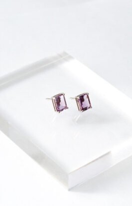 Brinco stone | retangular ametista - Ródio branco