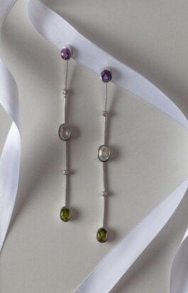 Brinco orvalho | ametista, cristal e peridoto